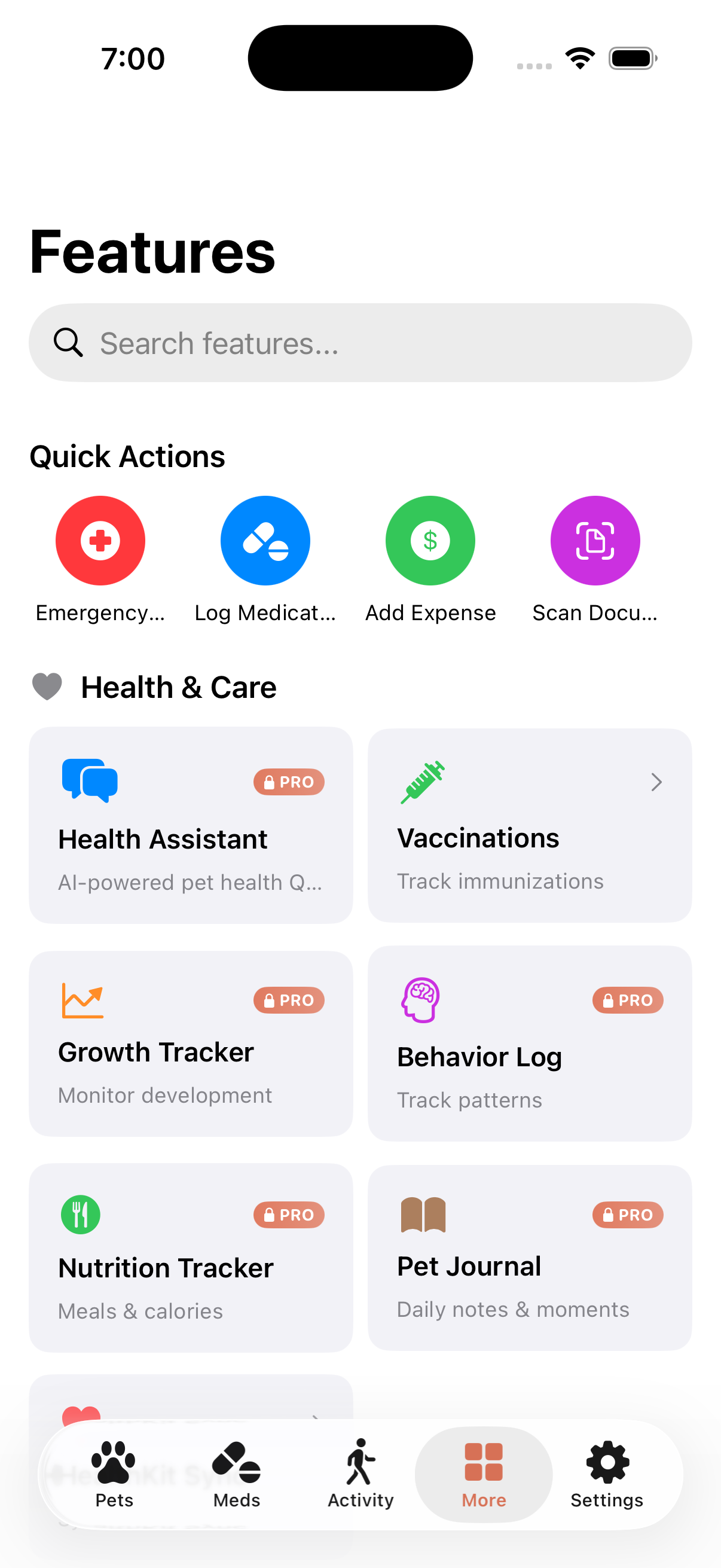 Petfolio feature hub screen showing the full set of care tools