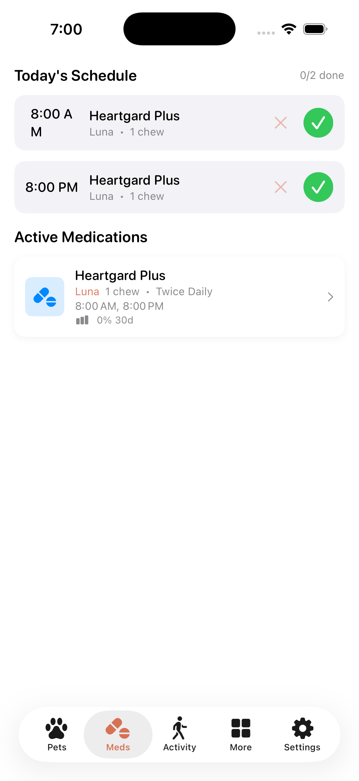 Petfolio medication screen with dose schedule and one tap logging