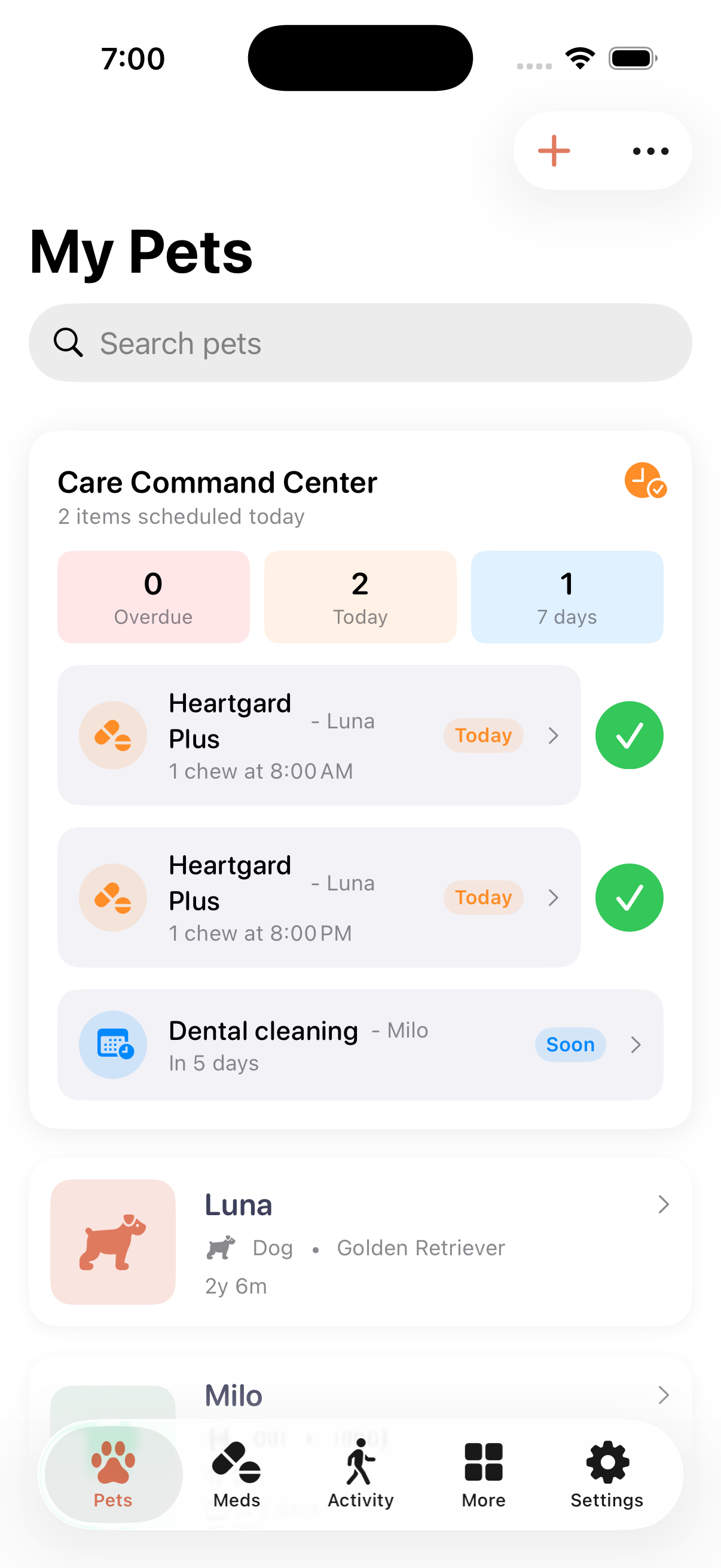 Petfolio home screen showing a list of pet profiles with photos and health summaries